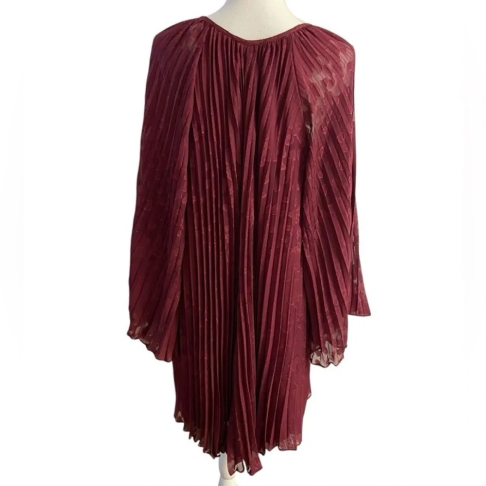 Anthropologie Wine Pleated High-Low Bell-Sleeve Dress Medium